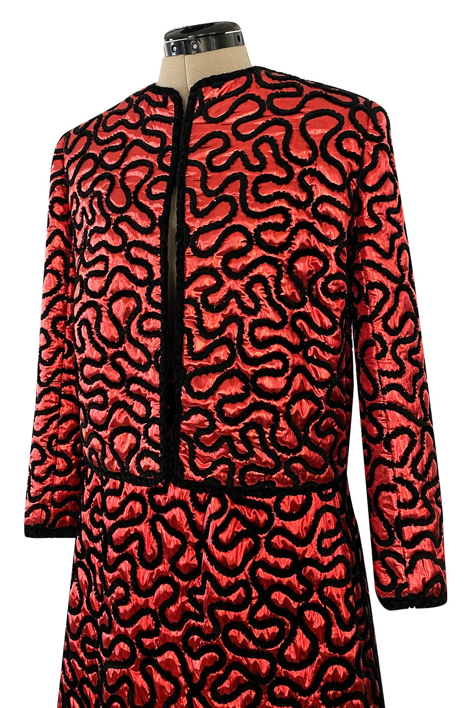 Documented Fall 1981 Chanel Red Metallic Silk Skirt & Jacket Set w Hand Applied Chenille Cording Detail
