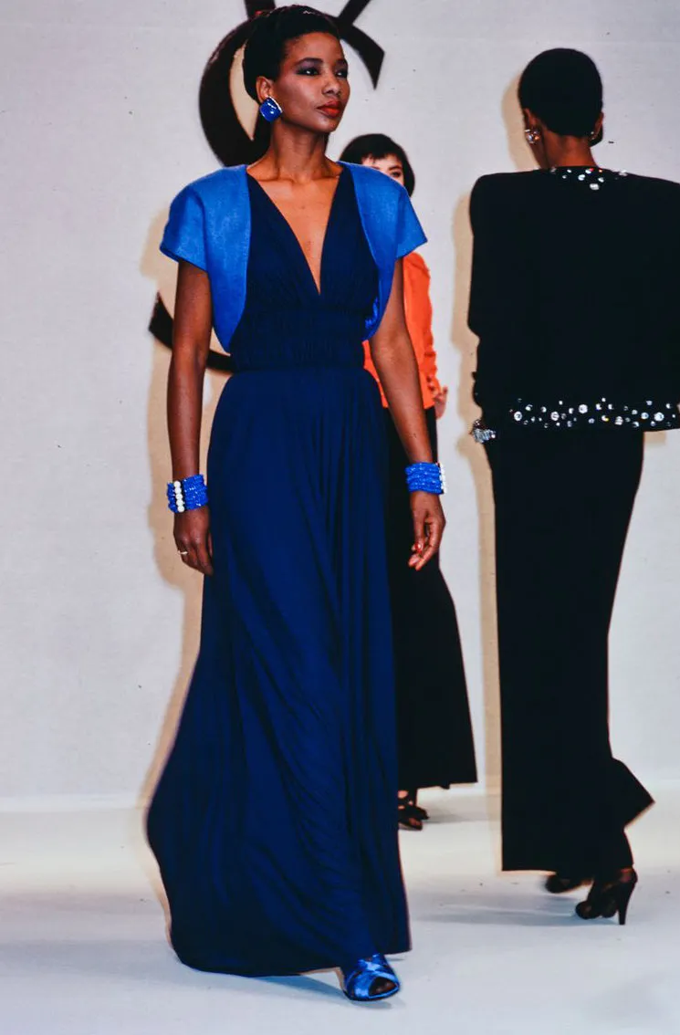 Documented Spring 1986 Yves Saint Laurent Runway Black Jersey Plunge Dress