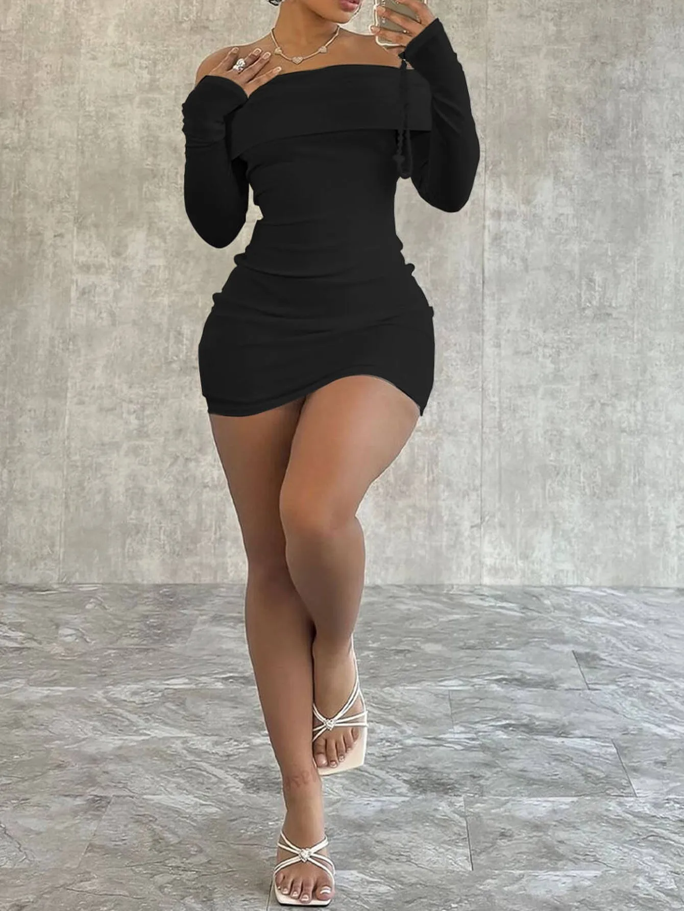 Dramatically Elegant Off-Shoulder Bodycon Mini Dress With Long Sleeves