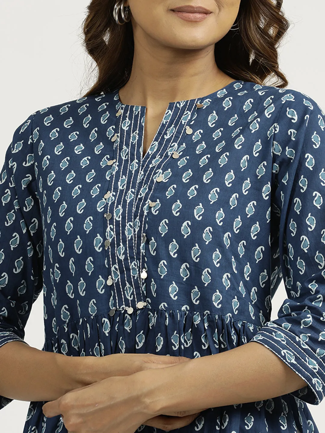 Ethnic Printed Indigo Gathered Cotton Kurta
