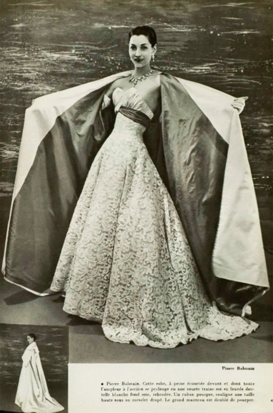 Exceptional Spring 1956 Pierre Balmain Haute Couture Strapless French Alencon Lace & Silk Organza Dress