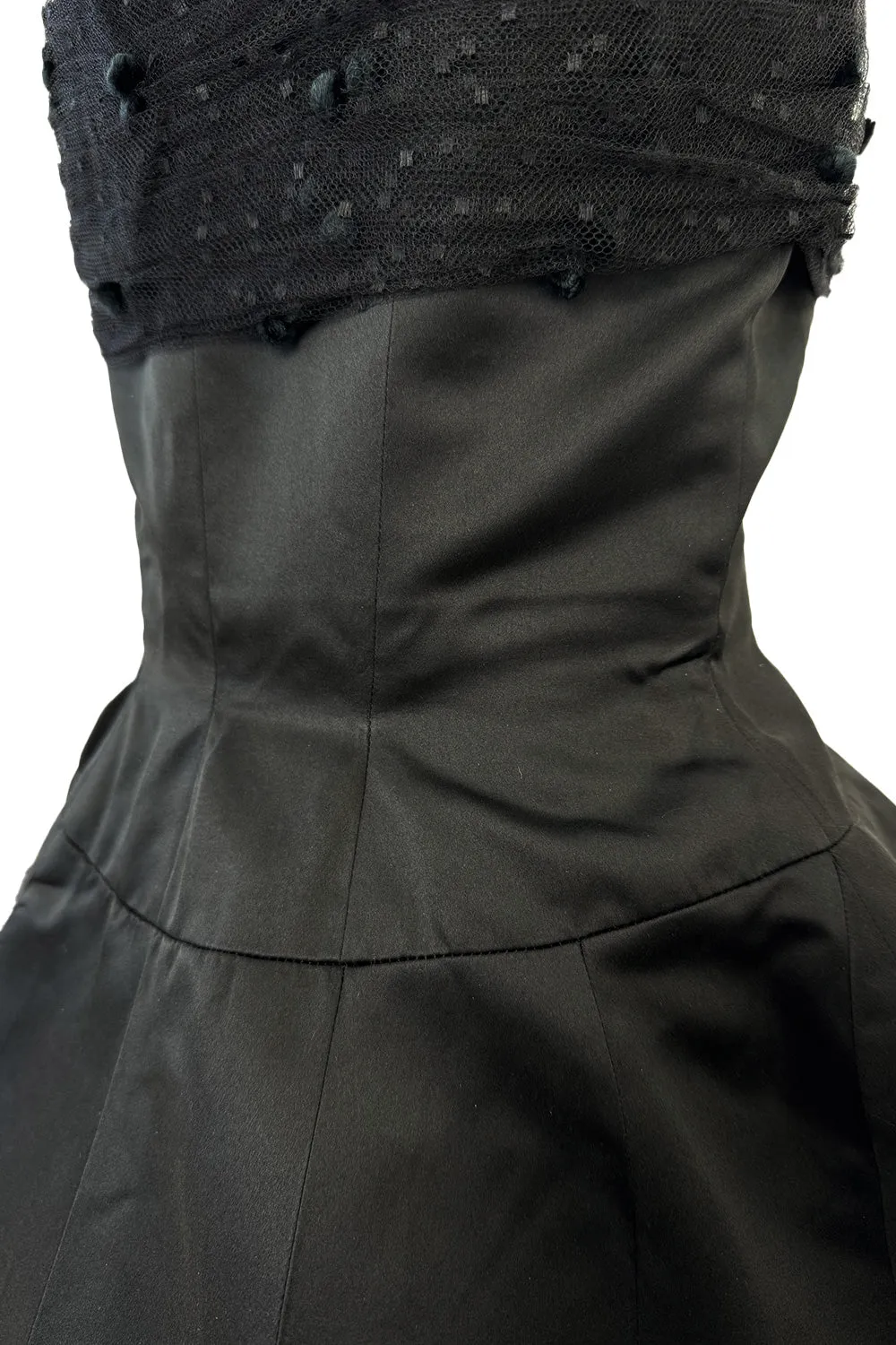Extraordinary Winter 1954 Cristobal Balenciaga Haute Couture Strapless Black Silk Dress w Lace Bodice