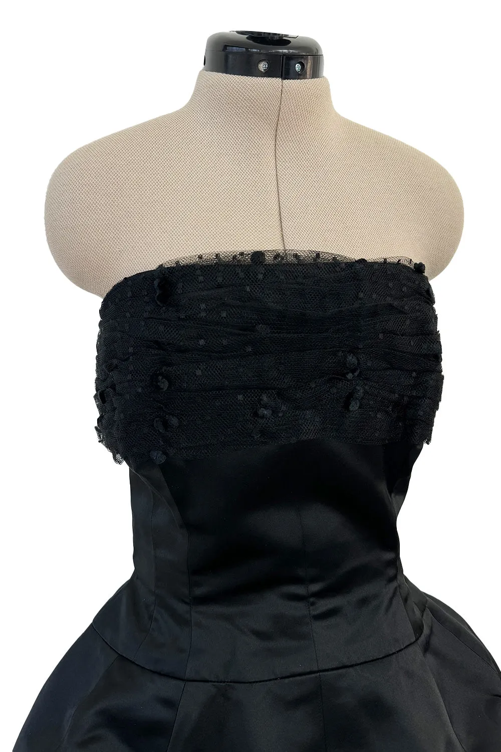 Extraordinary Winter 1954 Cristobal Balenciaga Haute Couture Strapless Black Silk Dress w Lace Bodice