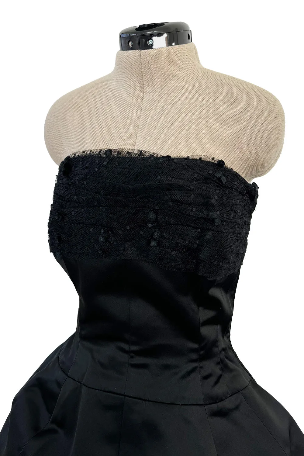 Extraordinary Winter 1954 Cristobal Balenciaga Haute Couture Strapless Black Silk Dress w Lace Bodice