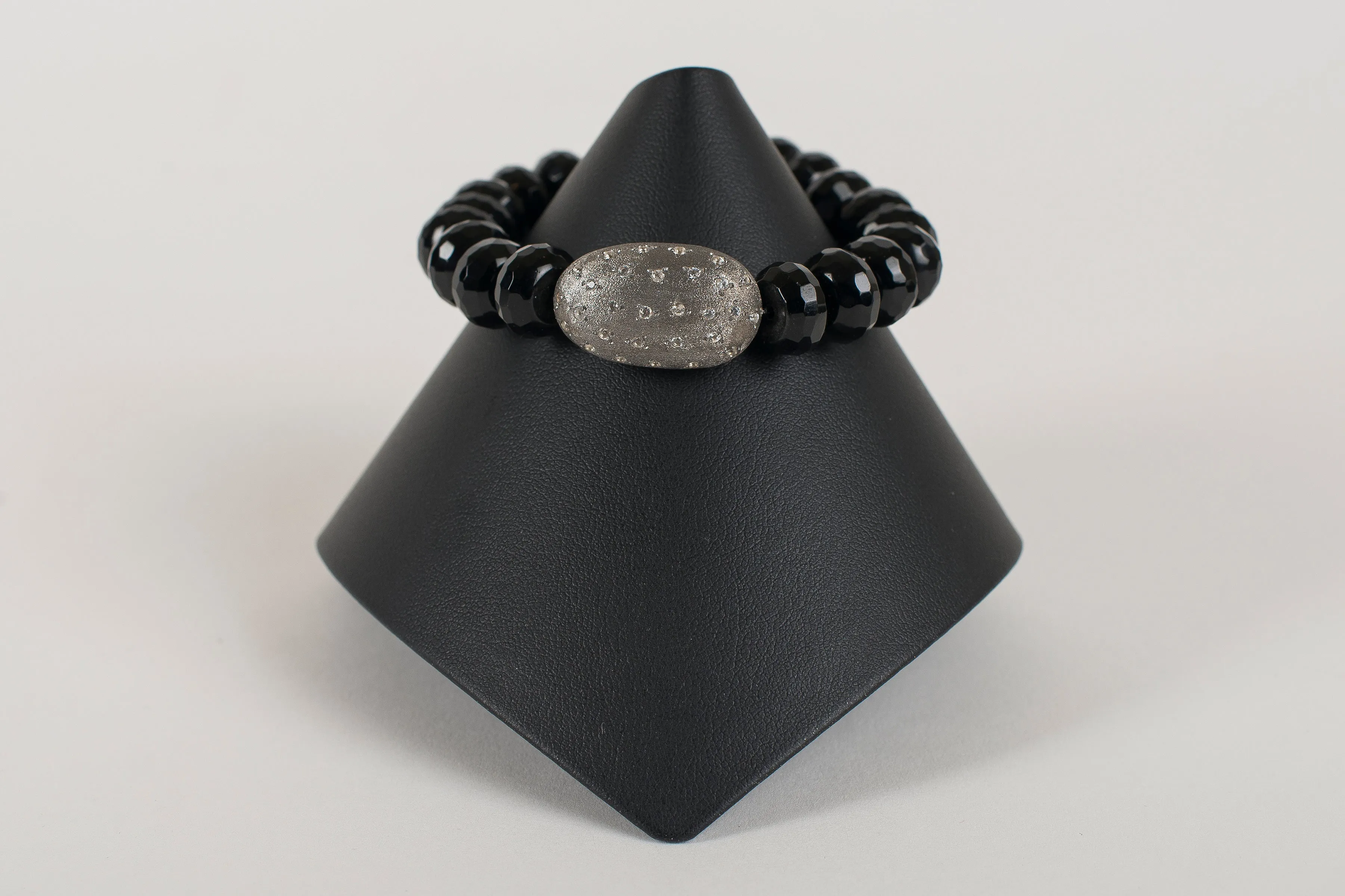Faceted Black Onyx Rondelle with White Topaz and Sterling  Focal Bead