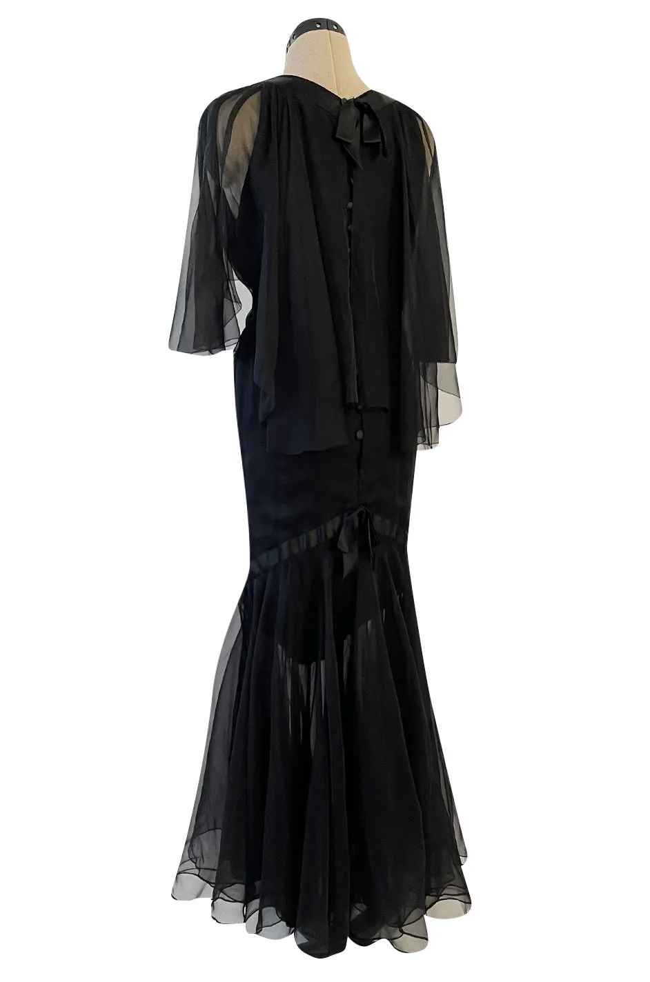 First RTW Collection Fall 1983 Chanel by Karl Lagerfeld Black Caped Bodice Silk Chiffon Dress