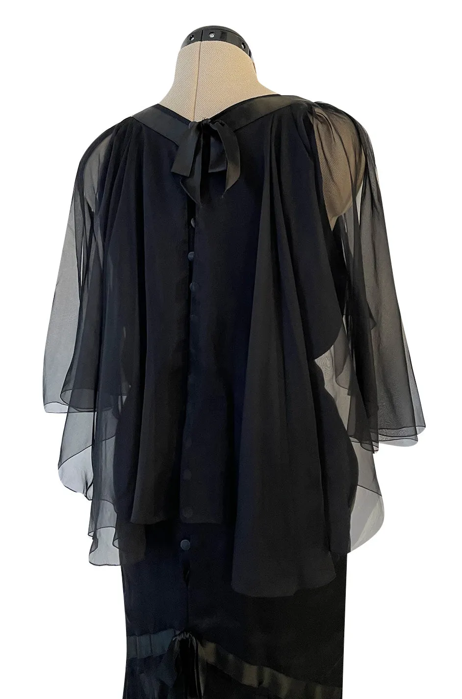 First RTW Collection Fall 1983 Chanel by Karl Lagerfeld Black Caped Bodice Silk Chiffon Dress