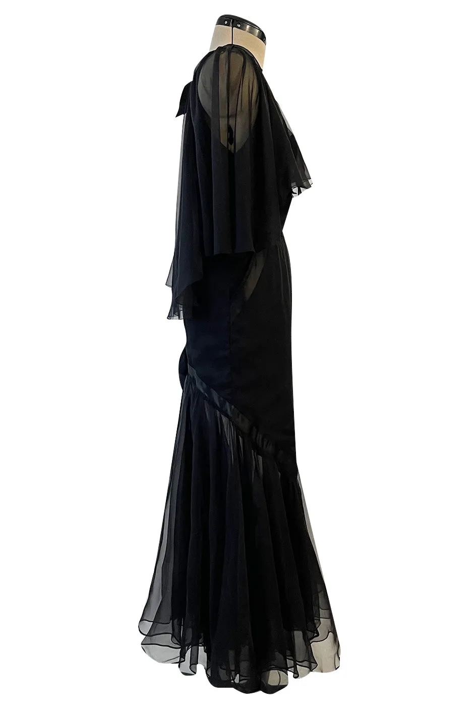 First RTW Collection Fall 1983 Chanel by Karl Lagerfeld Black Caped Bodice Silk Chiffon Dress