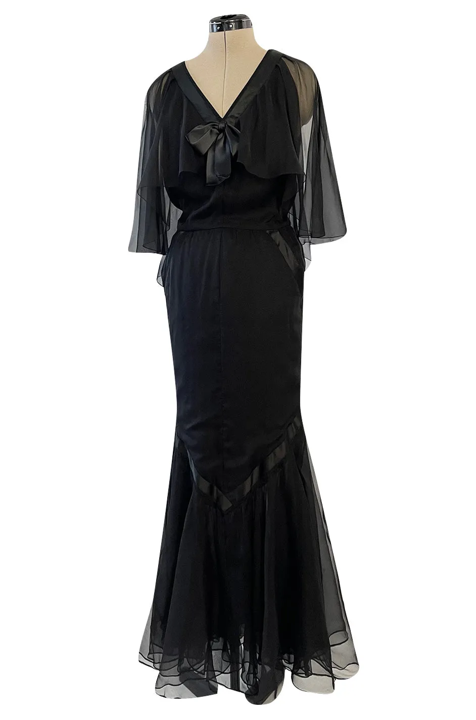 First RTW Collection Fall 1983 Chanel by Karl Lagerfeld Black Caped Bodice Silk Chiffon Dress