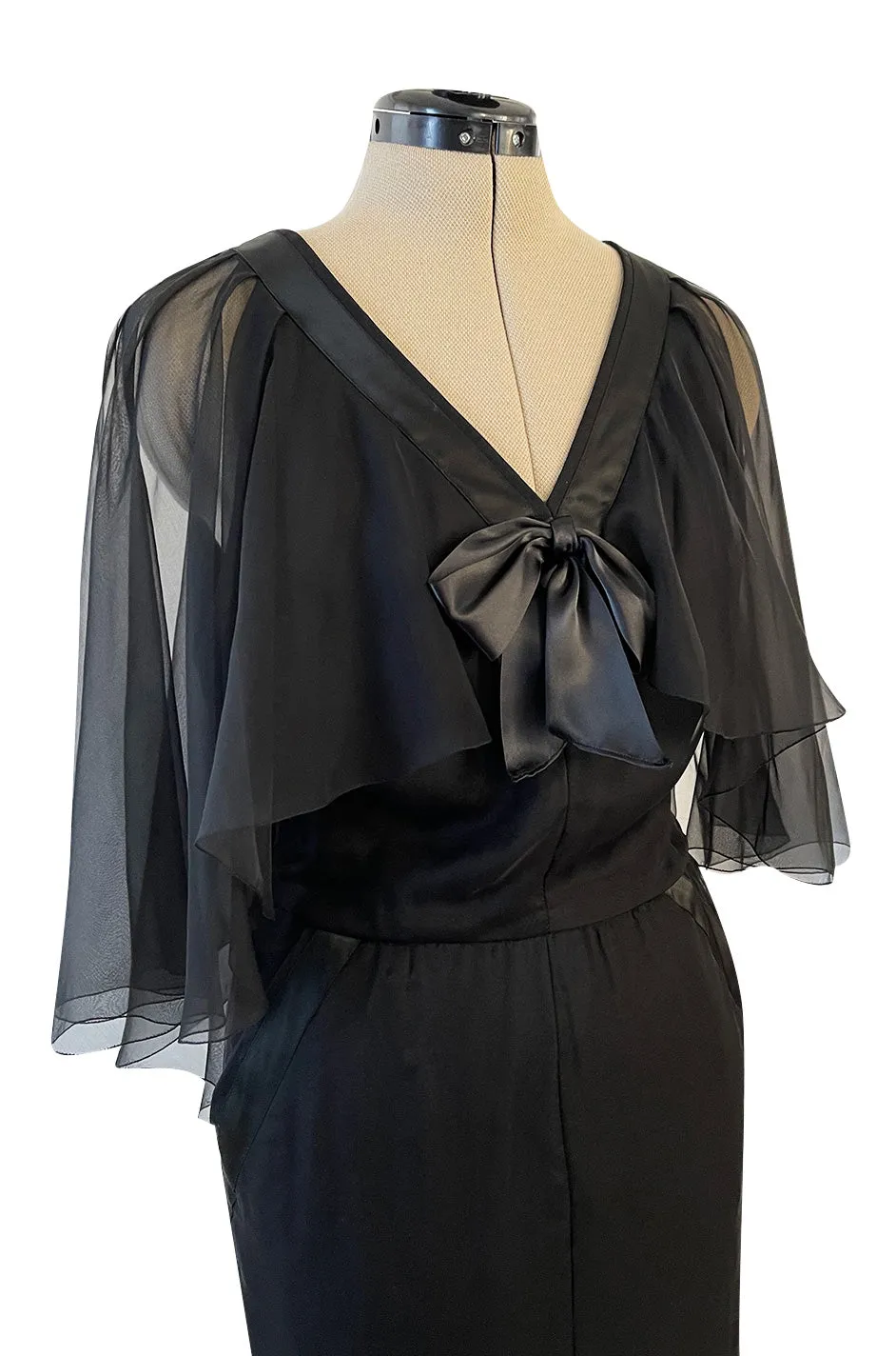 First RTW Collection Fall 1983 Chanel by Karl Lagerfeld Black Caped Bodice Silk Chiffon Dress