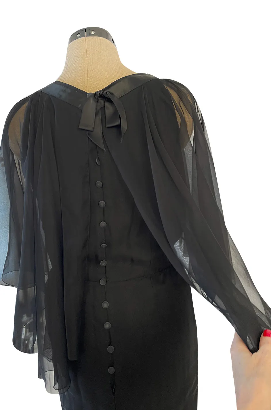 First RTW Collection Fall 1983 Chanel by Karl Lagerfeld Black Caped Bodice Silk Chiffon Dress