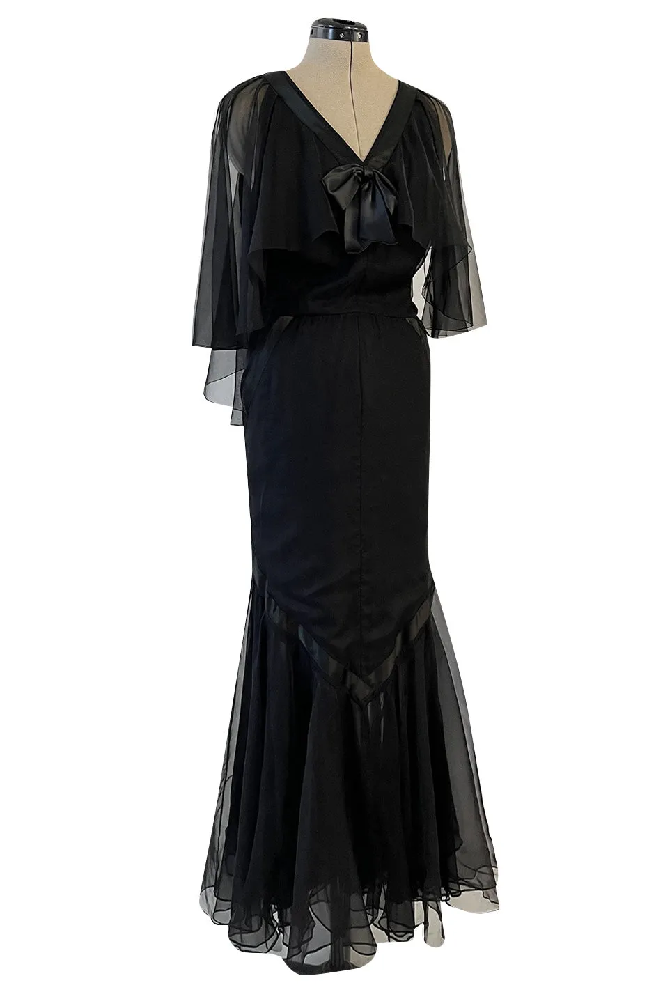 First RTW Collection Fall 1983 Chanel by Karl Lagerfeld Black Caped Bodice Silk Chiffon Dress