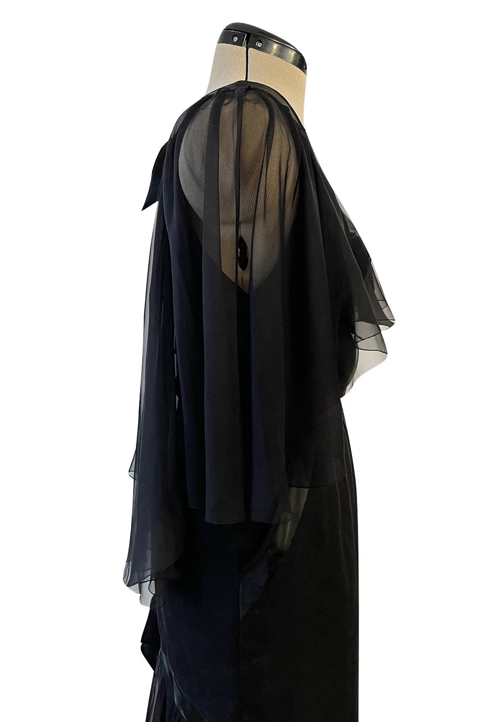 First RTW Collection Fall 1983 Chanel by Karl Lagerfeld Black Caped Bodice Silk Chiffon Dress