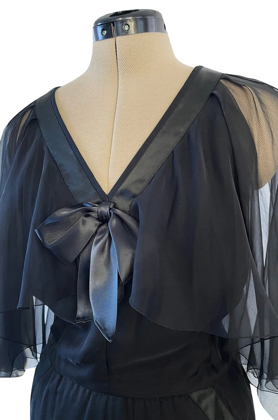 First RTW Collection Fall 1983 Chanel by Karl Lagerfeld Black Caped Bodice Silk Chiffon Dress
