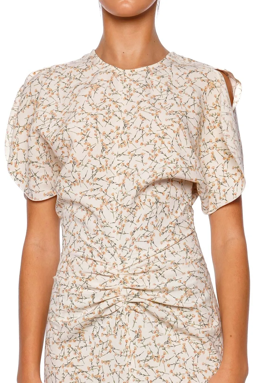 Floral Peach Gathered Waist Midi Dress