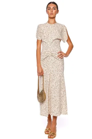 Floral Peach Gathered Waist Midi Dress