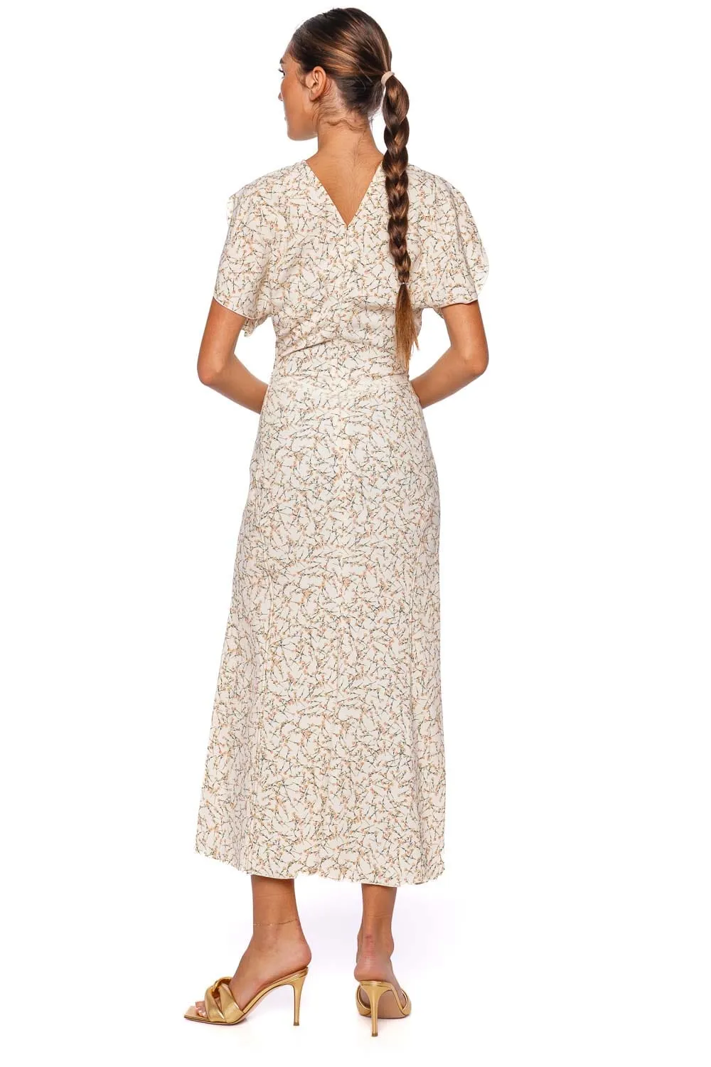 Floral Peach Gathered Waist Midi Dress