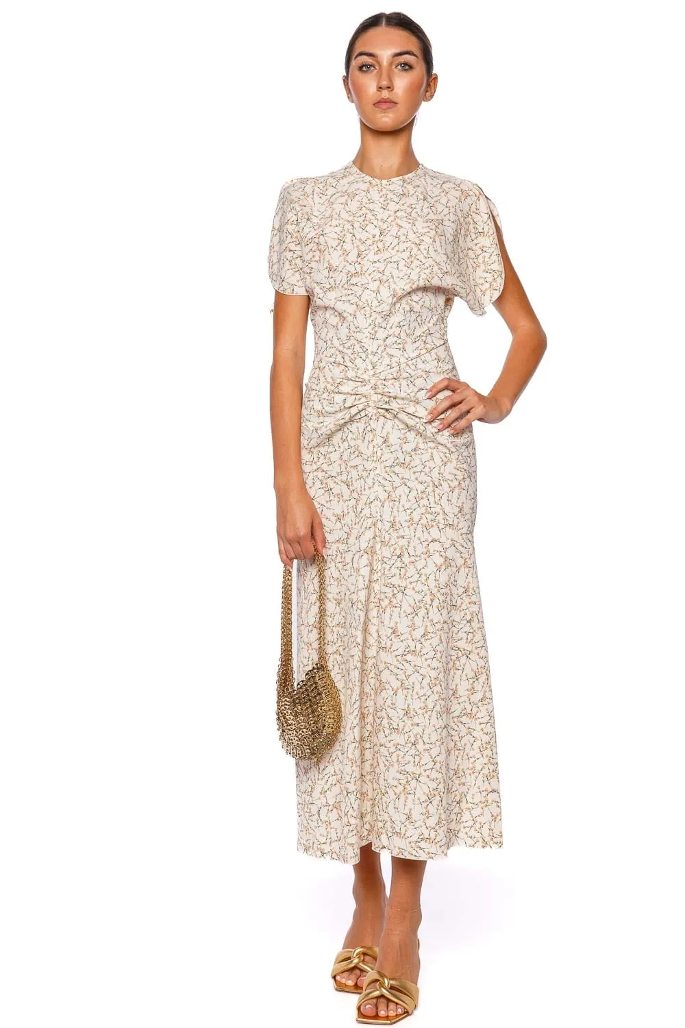Floral Peach Gathered Waist Midi Dress