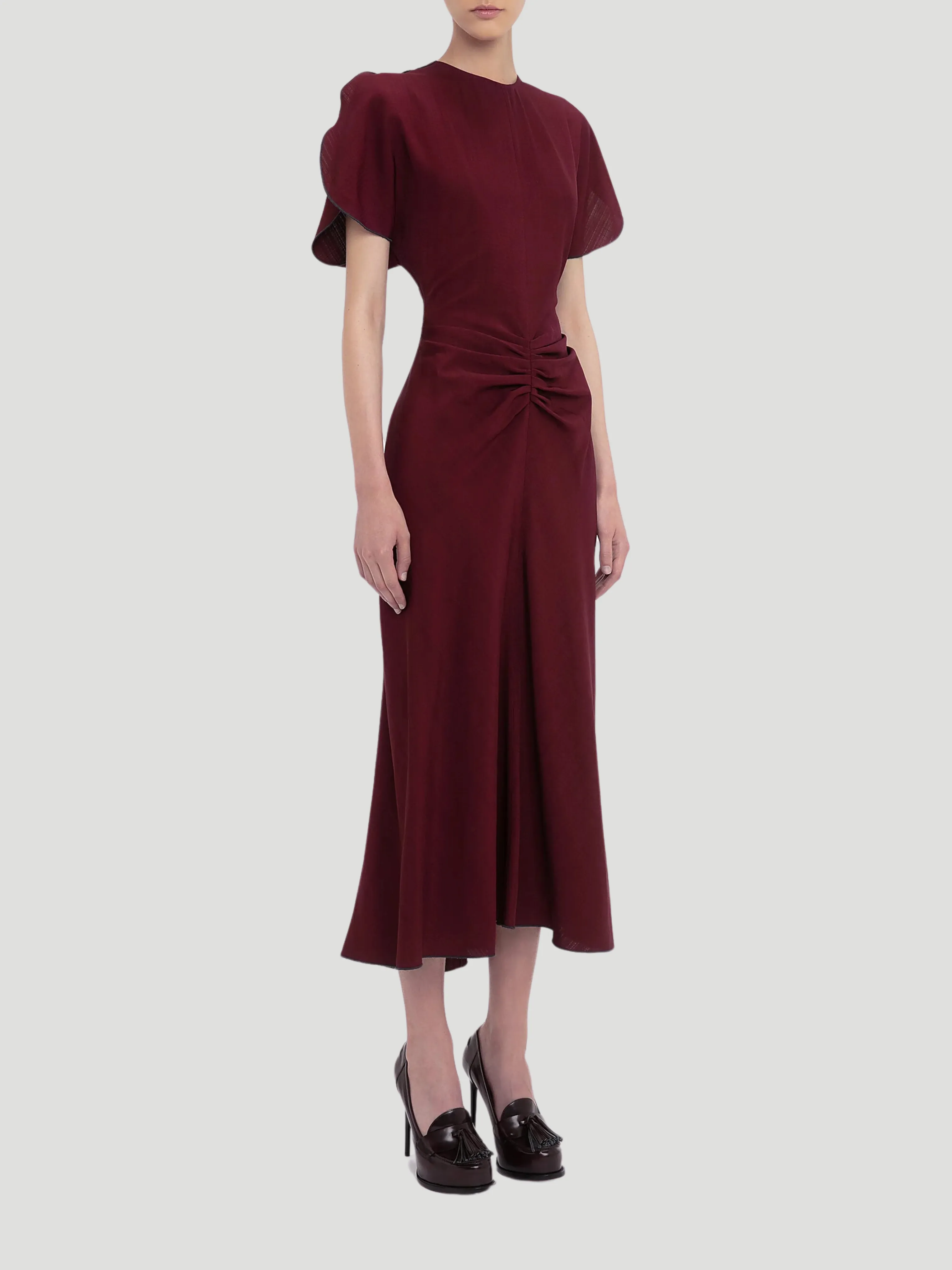 Gathered Waist Midi Dress in Port