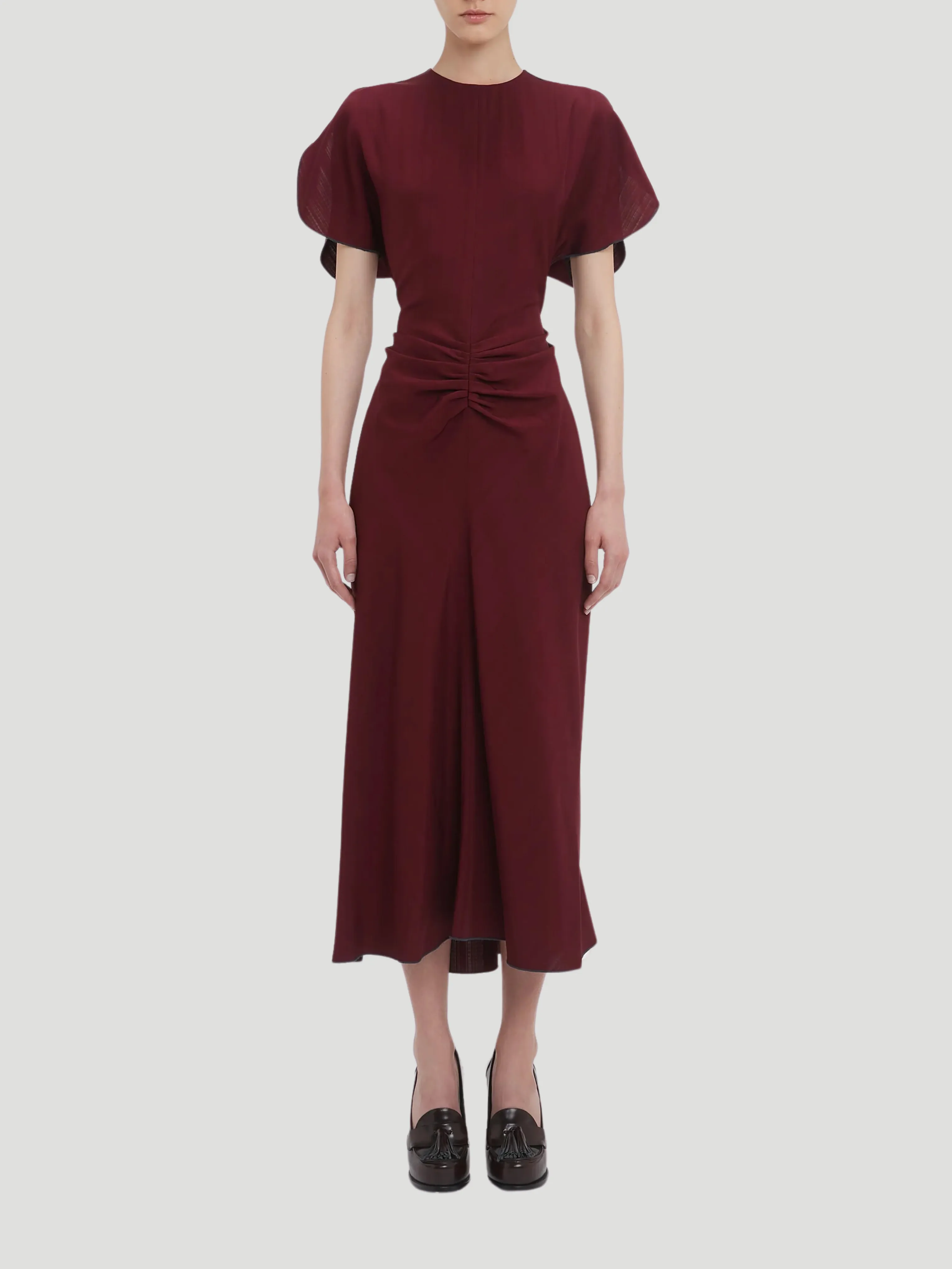 Gathered Waist Midi Dress in Port