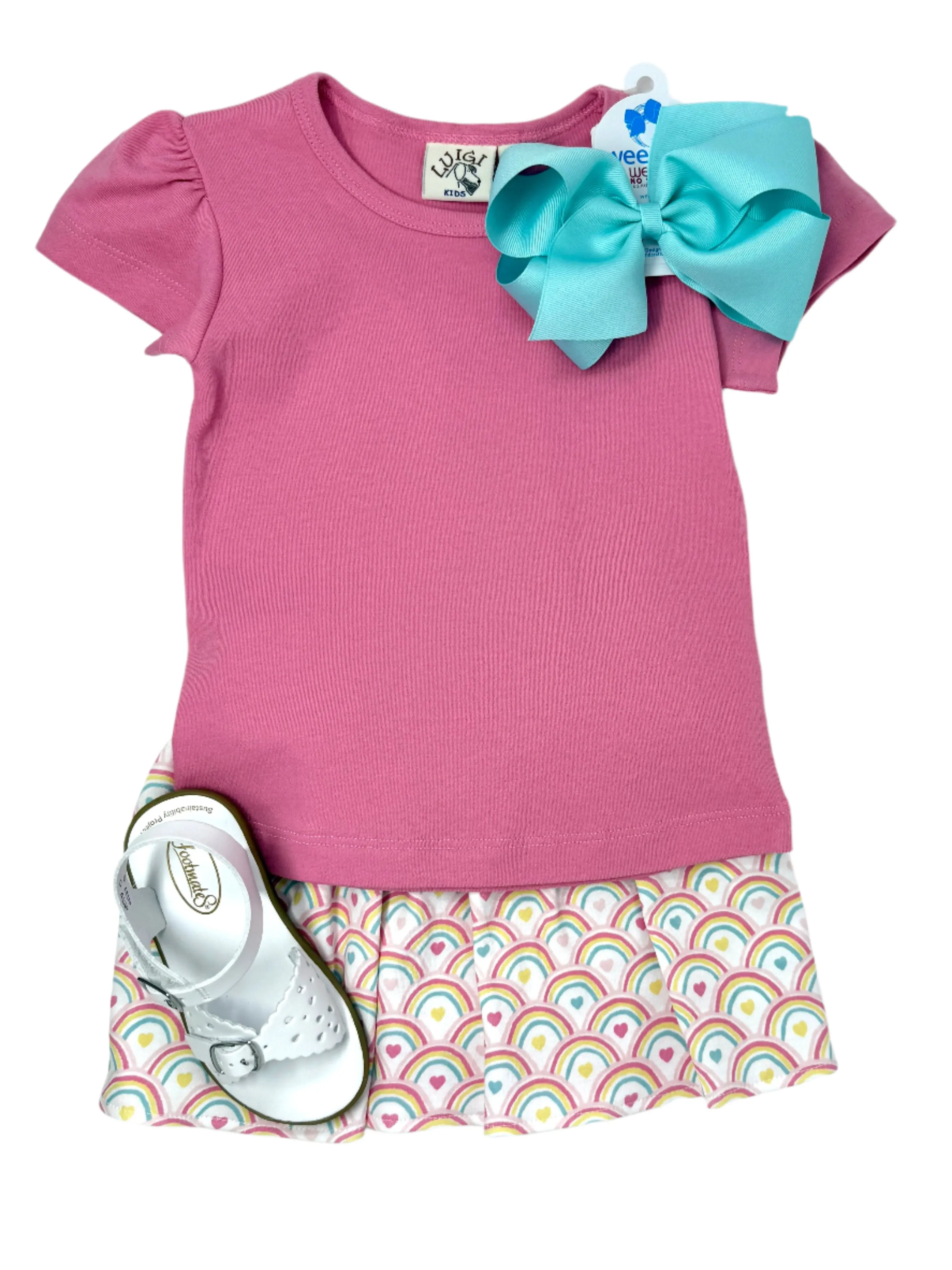 Girls Gathered Skort - Rainbow & Heart Print