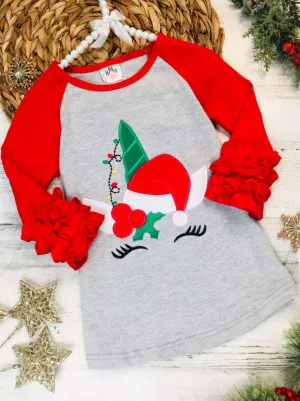 Girls Santa Elf Unicorn Ruffled Raglan Top