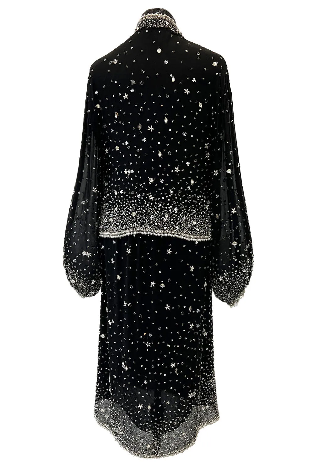 Gorgeous 1983 Halston Beaded Black Silk Chiffon Skirt & Jacket Set w Balloon Sleeves