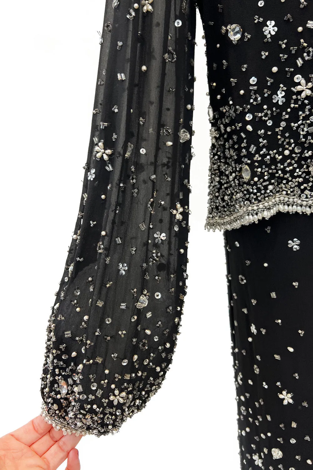 Gorgeous 1983 Halston Beaded Black Silk Chiffon Skirt & Jacket Set w Balloon Sleeves