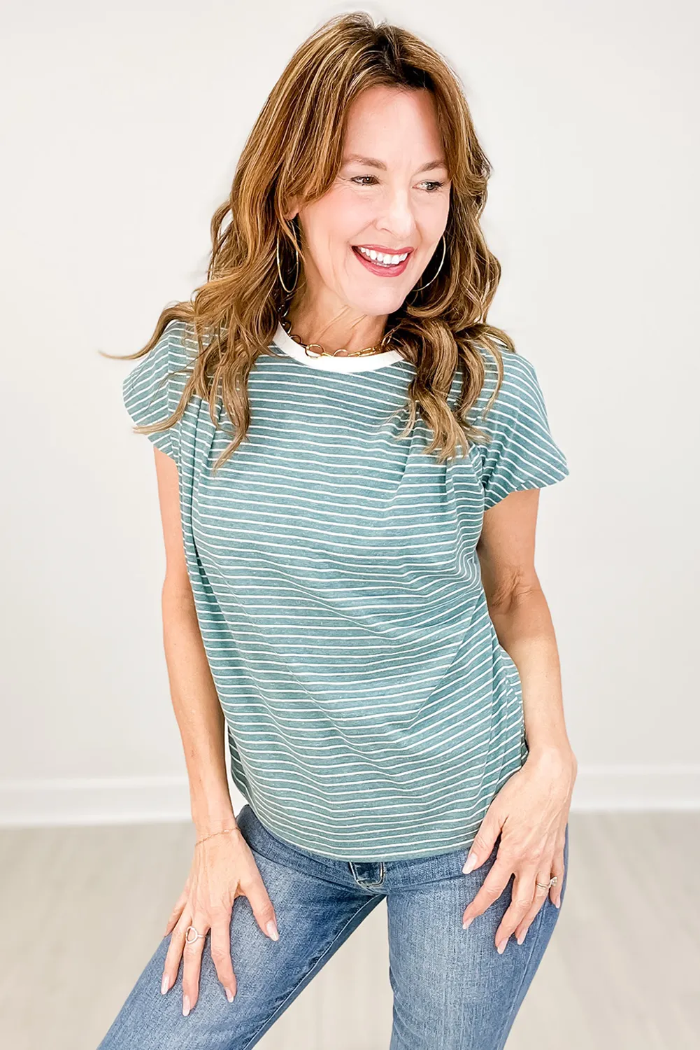 Green Stripe Contrast Round Neck Pleated Detail Short Sleeve Loose Top