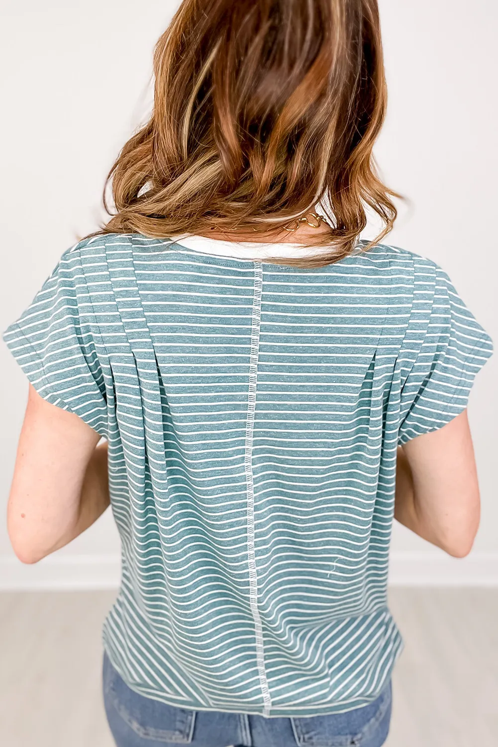 Green Stripe Contrast Round Neck Pleated Detail Short Sleeve Loose Top