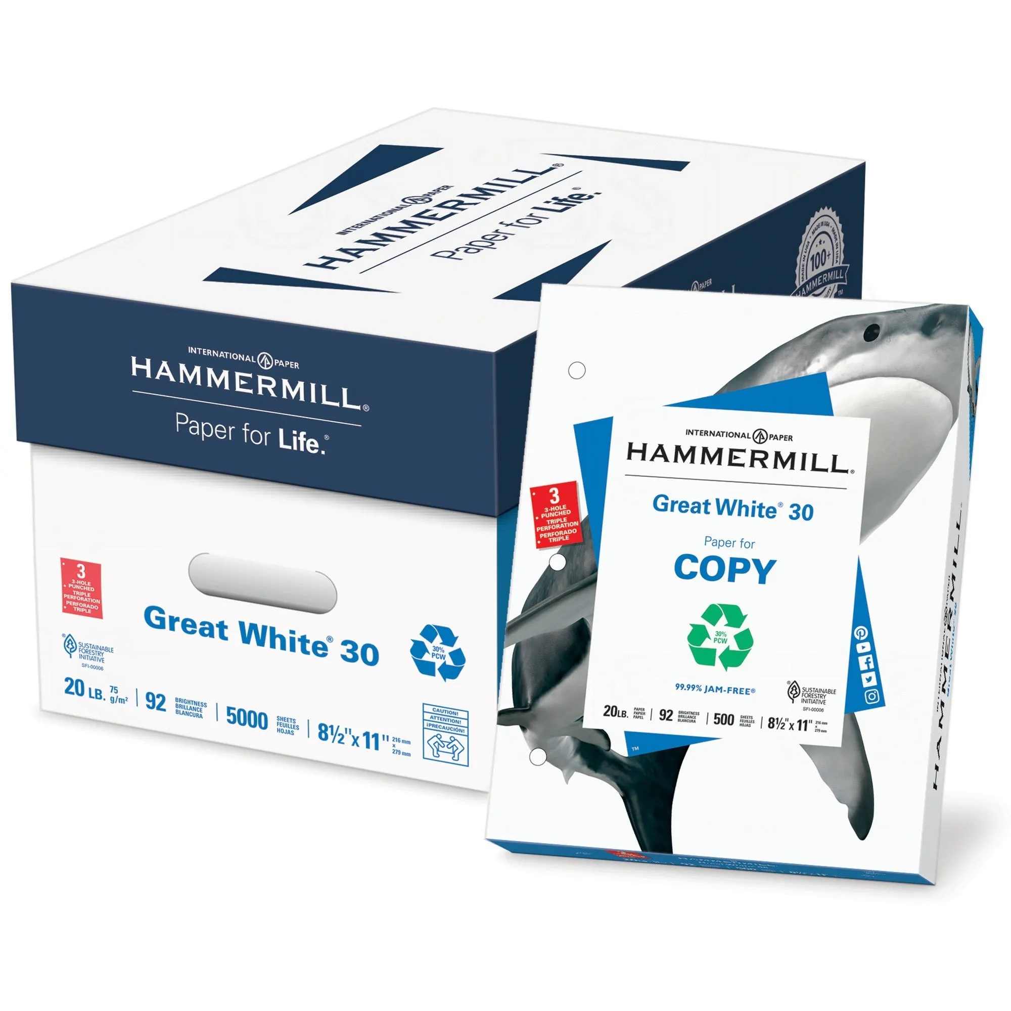 Hammermill Paper for Copy 8.5x11 3-Hole Punched Laser, Inkjet Recycled Paper - 30% Recycled