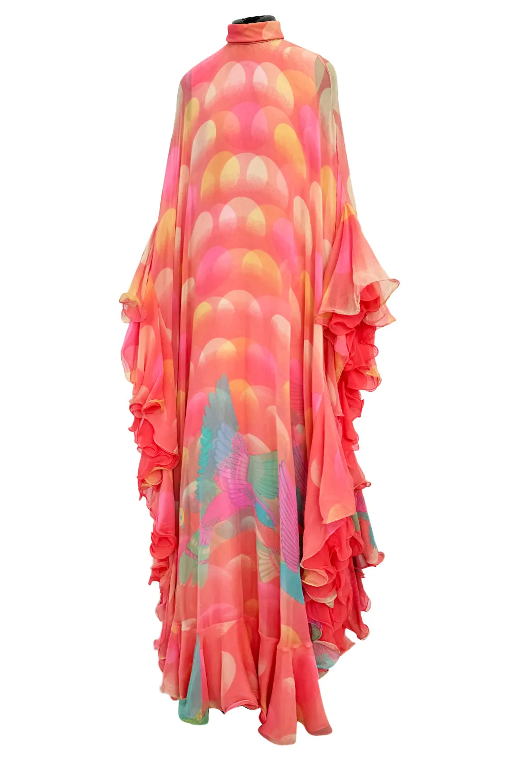 Hanae Mori Fall 1973 Peach Bird Print Ruffled Caftan Dress