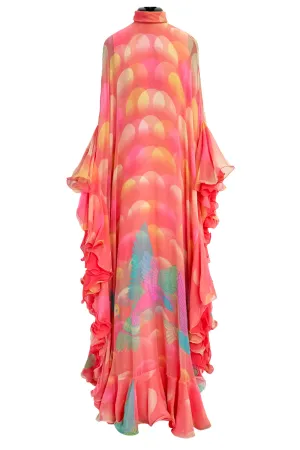 Hanae Mori Fall 1973 Peach Bird Print Ruffled Caftan Dress