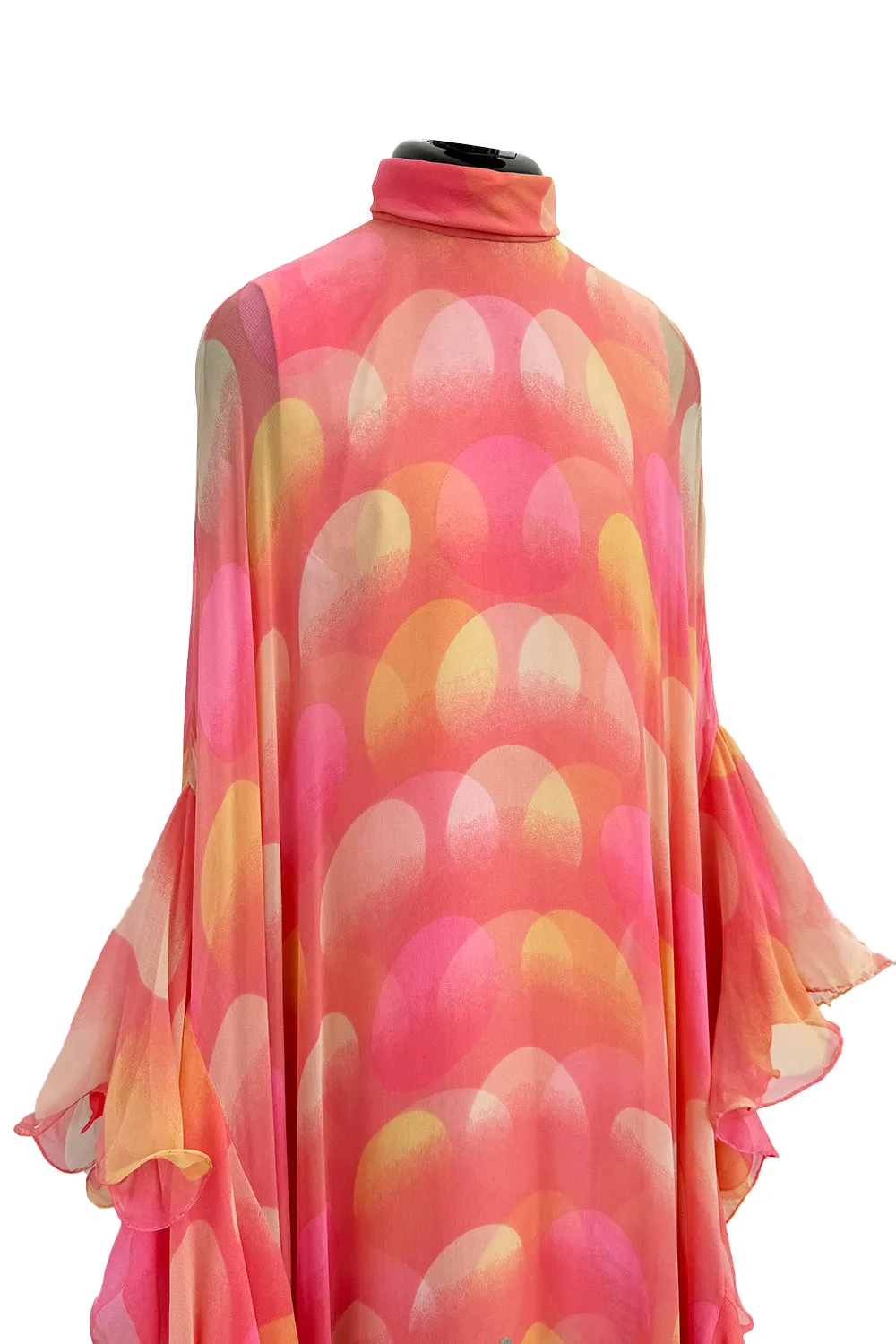 Hanae Mori Fall 1973 Peach Bird Print Ruffled Caftan Dress