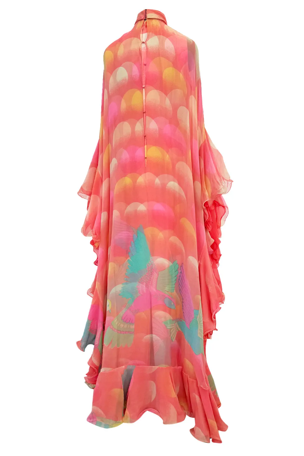 Hanae Mori Fall 1973 Peach Bird Print Ruffled Caftan Dress