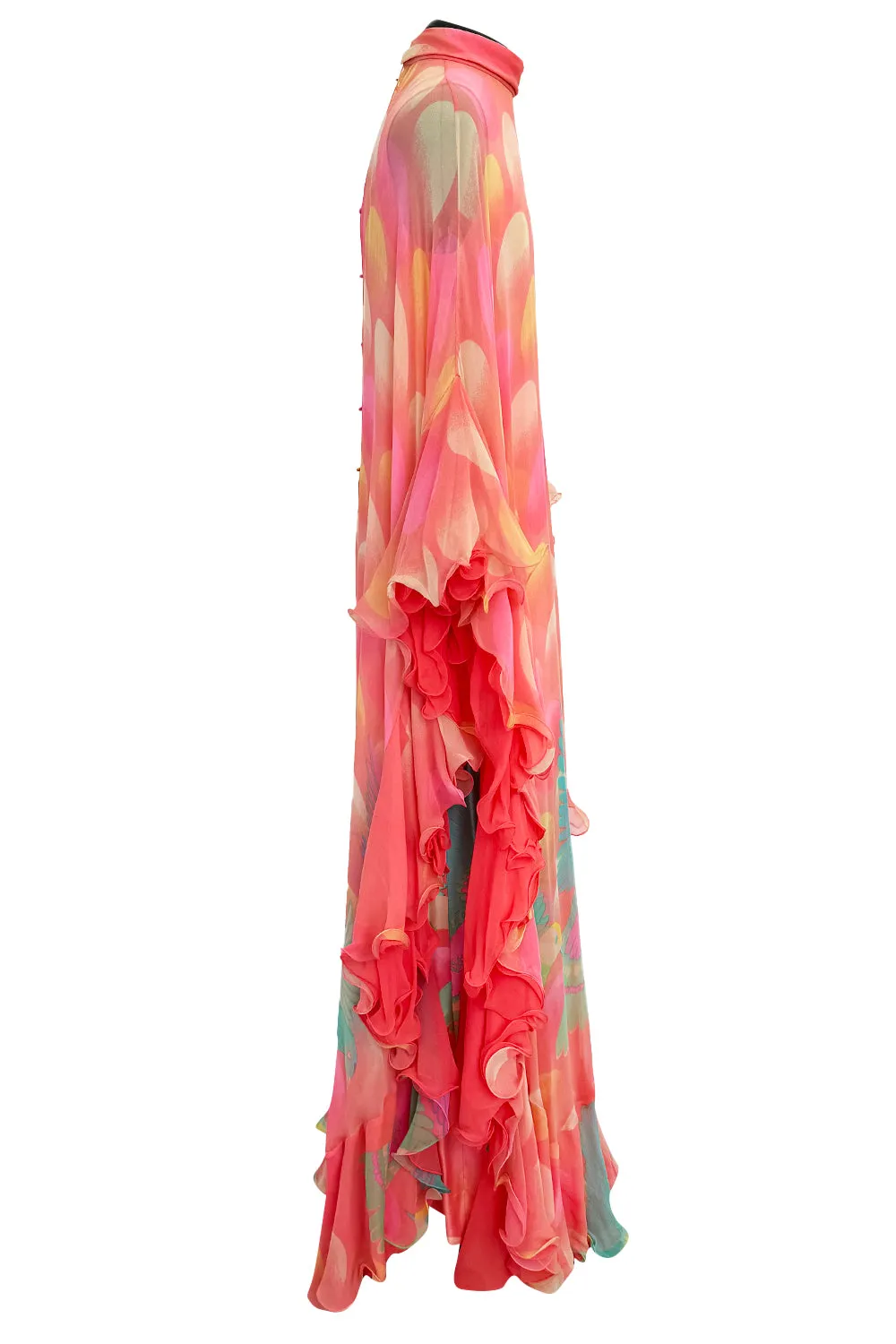 Hanae Mori Fall 1973 Peach Bird Print Ruffled Caftan Dress