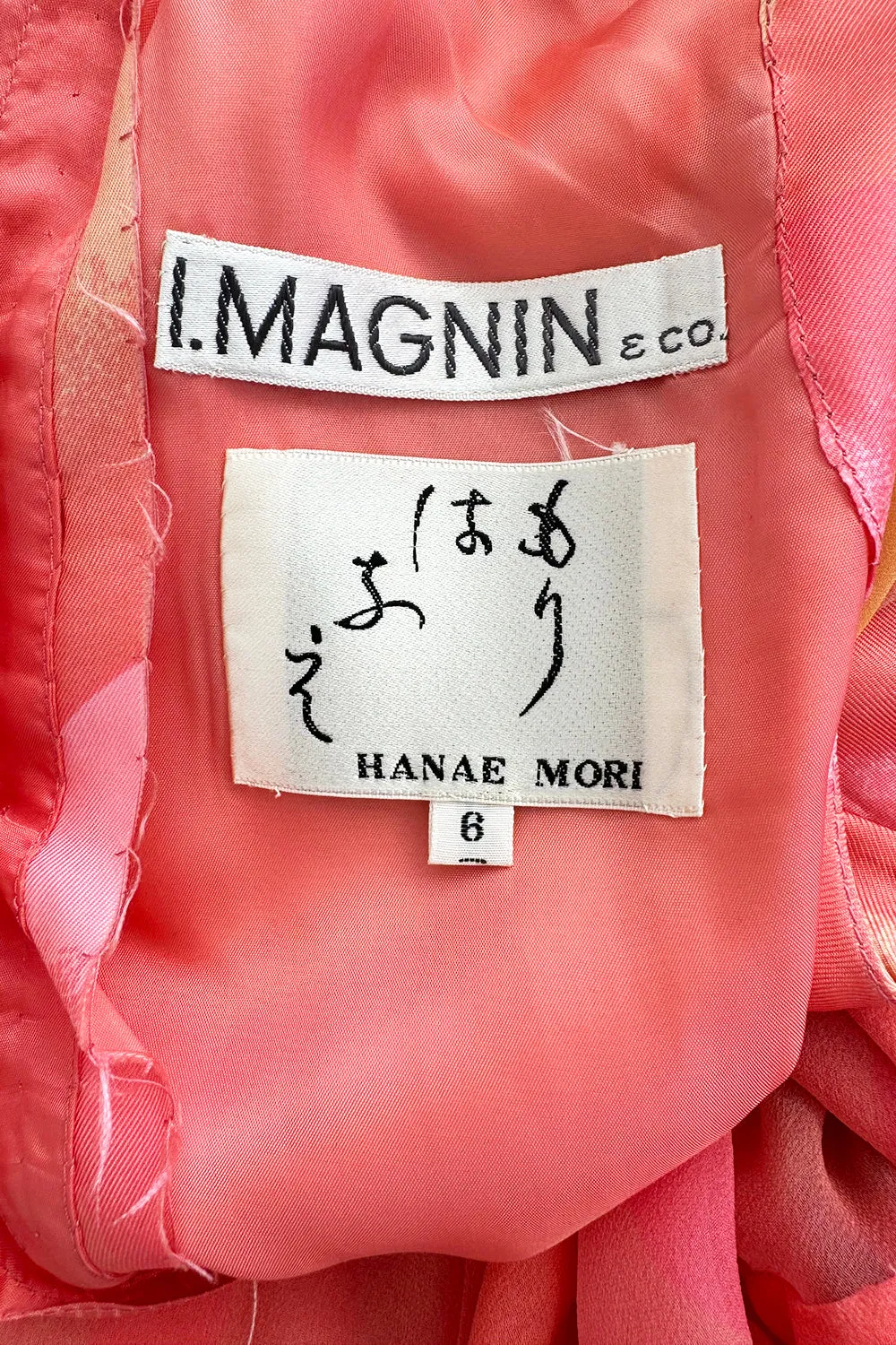 Hanae Mori Fall 1973 Peach Bird Print Ruffled Caftan Dress