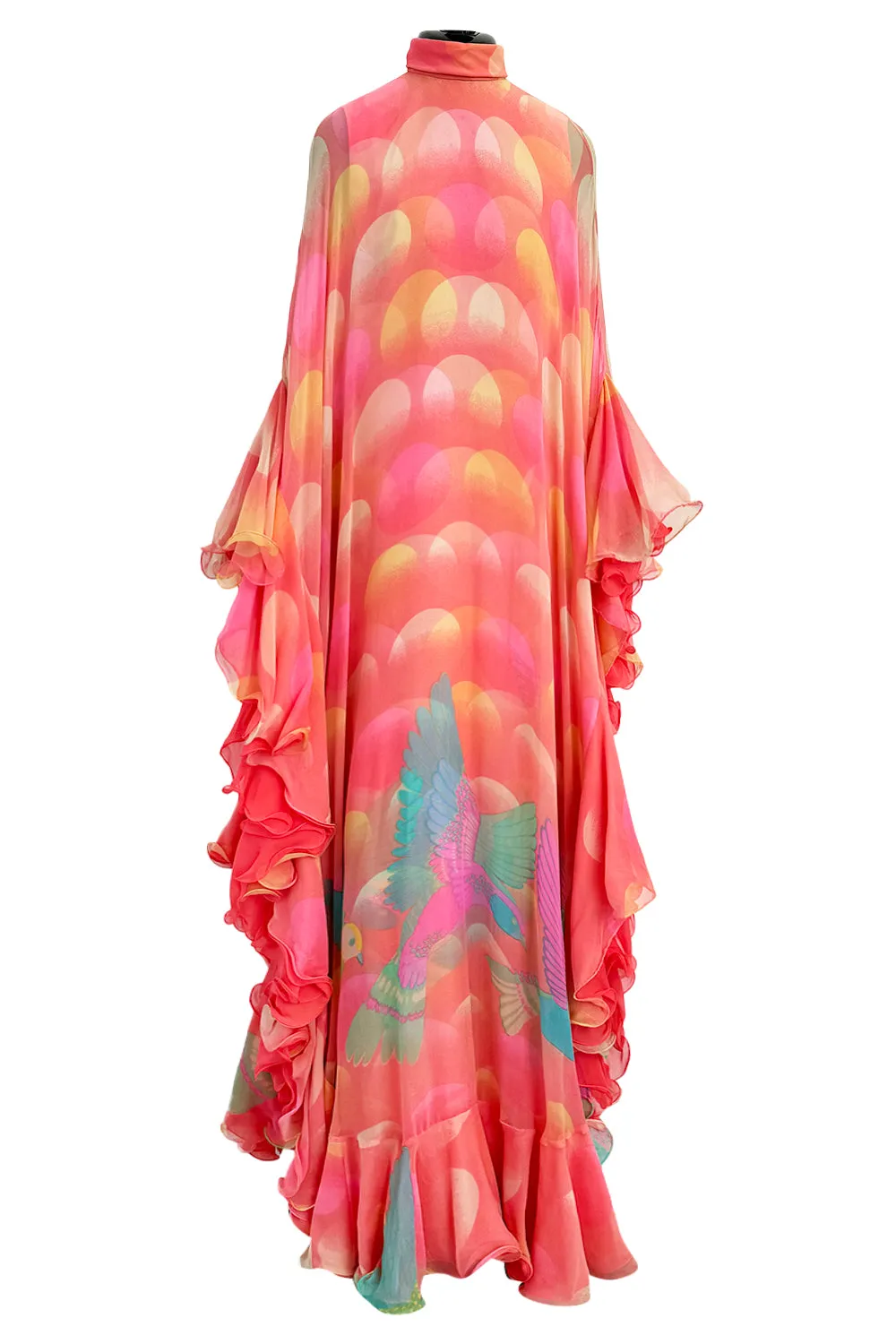 Hanae Mori Fall 1973 Peach Bird Print Ruffled Caftan Dress