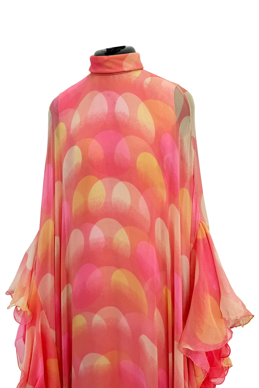 Hanae Mori Fall 1973 Peach Bird Print Ruffled Caftan Dress