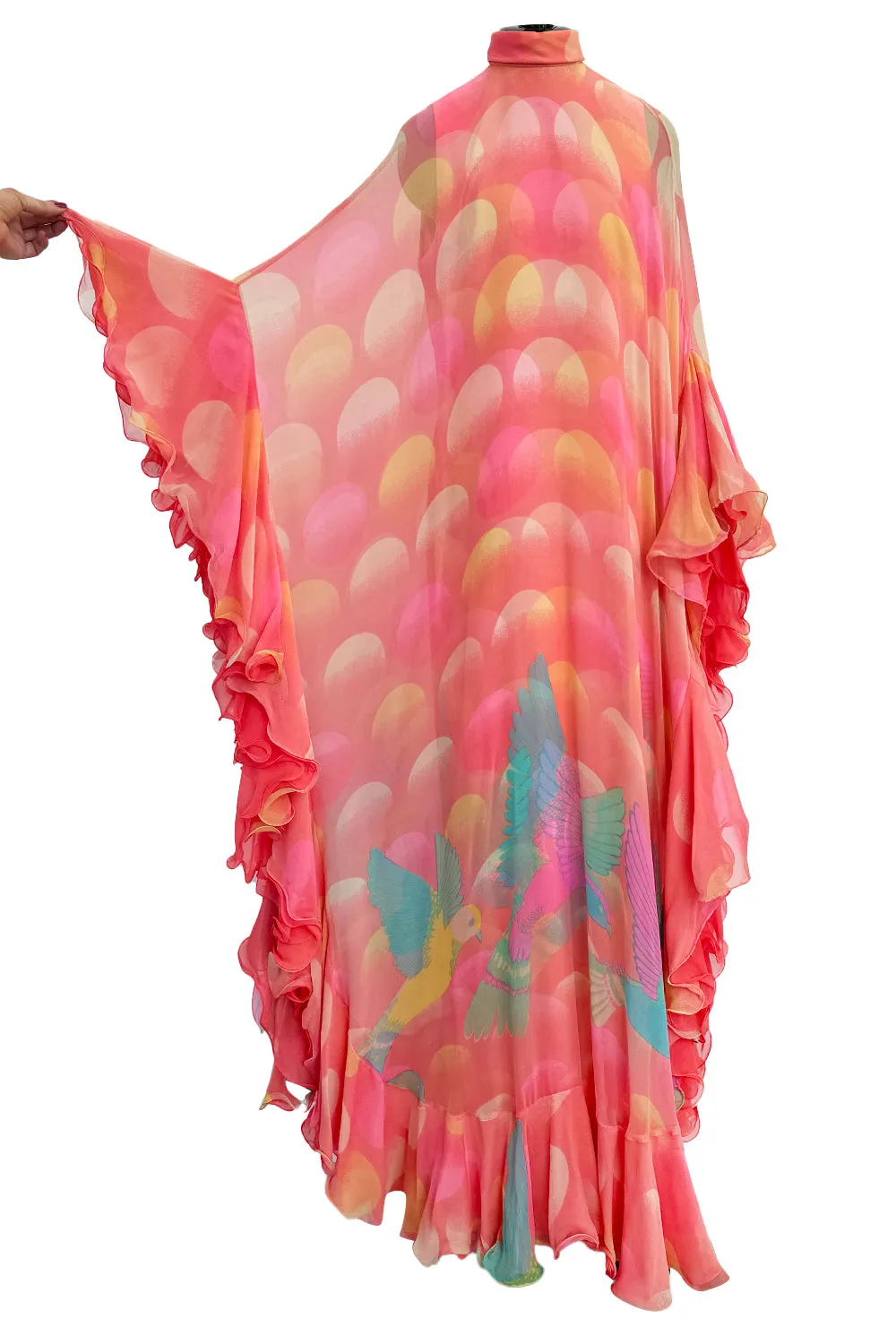 Hanae Mori Fall 1973 Peach Bird Print Ruffled Caftan Dress