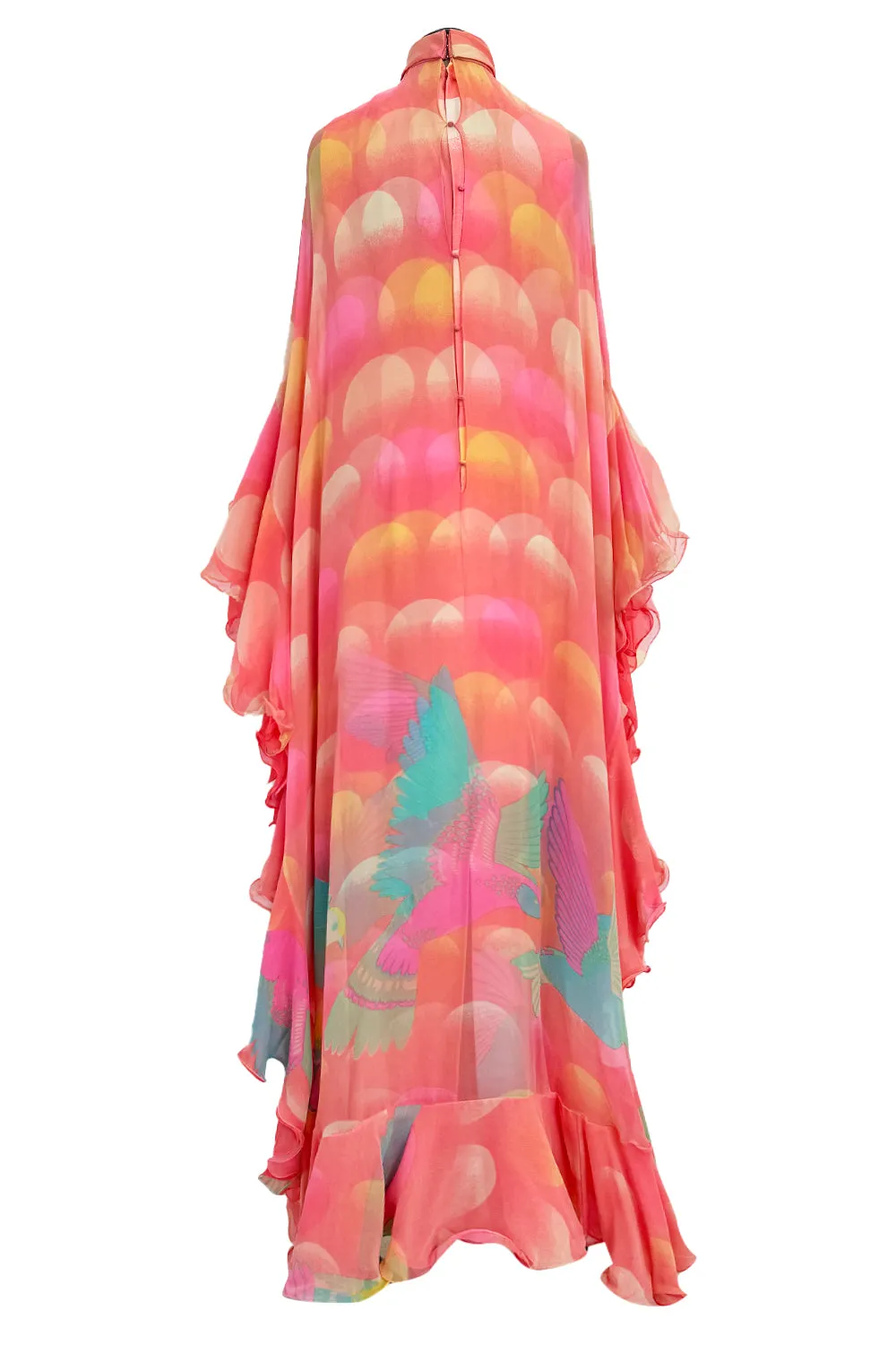 Hanae Mori Fall 1973 Peach Bird Print Ruffled Caftan Dress