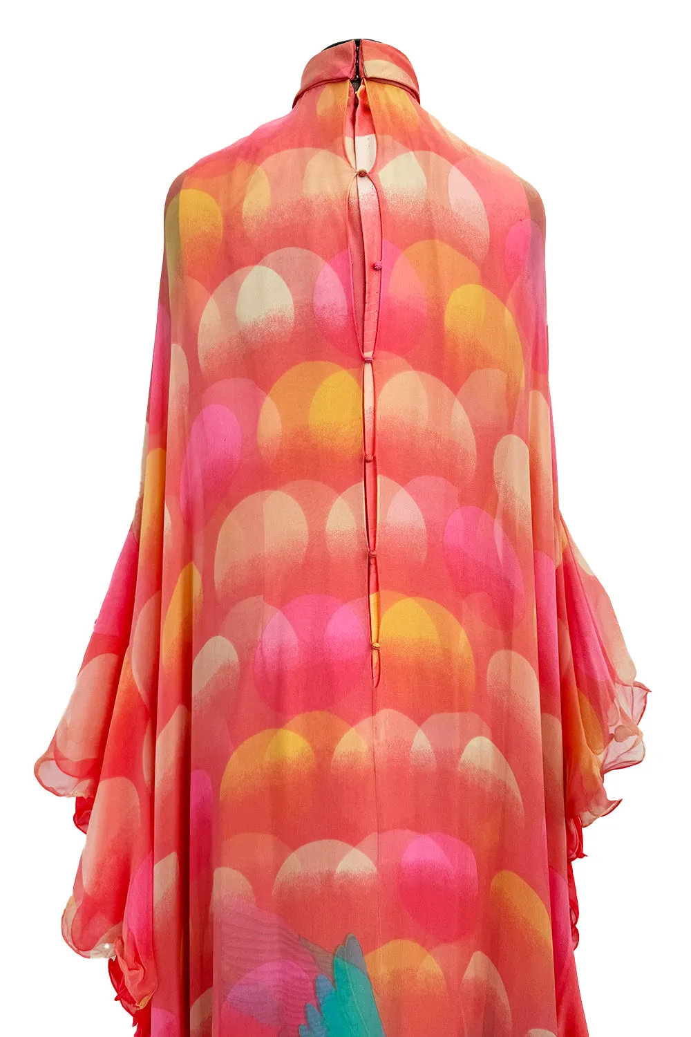 Hanae Mori Fall 1973 Peach Bird Print Ruffled Caftan Dress