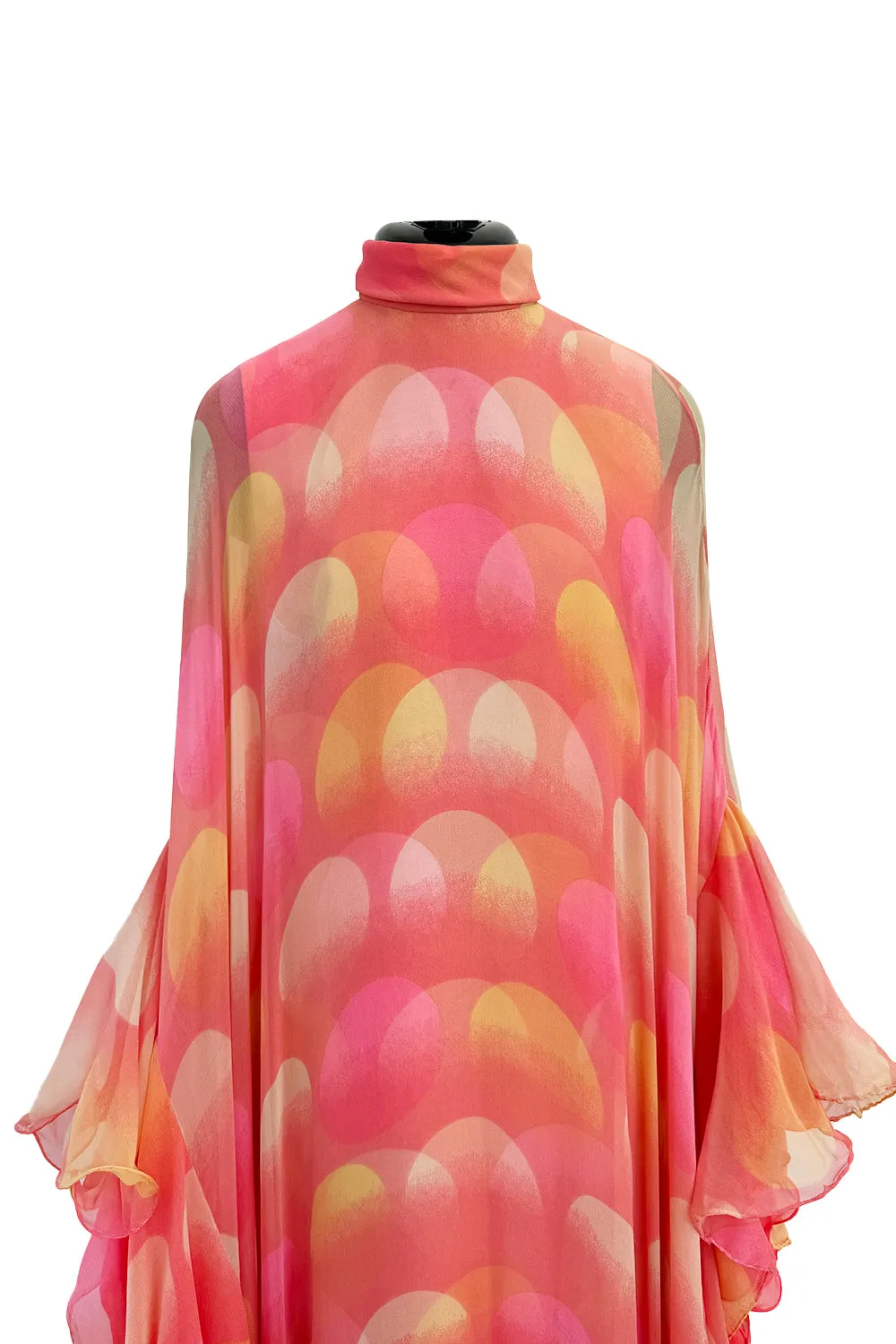 Hanae Mori Fall 1973 Peach Bird Print Ruffled Caftan Dress