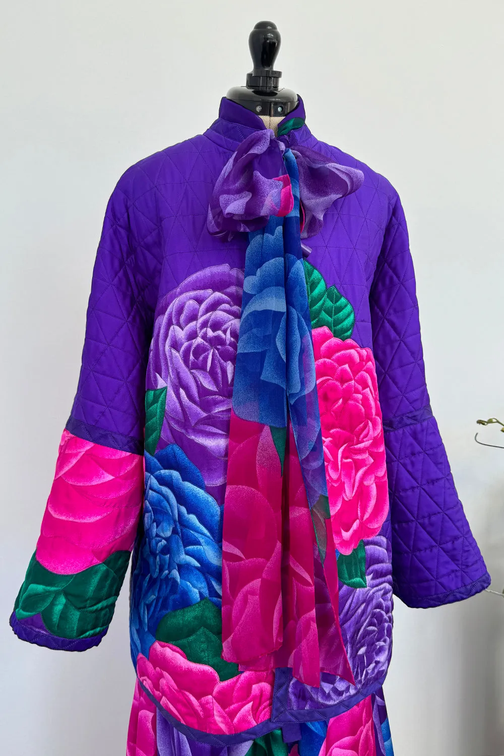 Hanae Mori Fall 1977 Purple Floral Three Piece Skirt, Top & Jacket Set