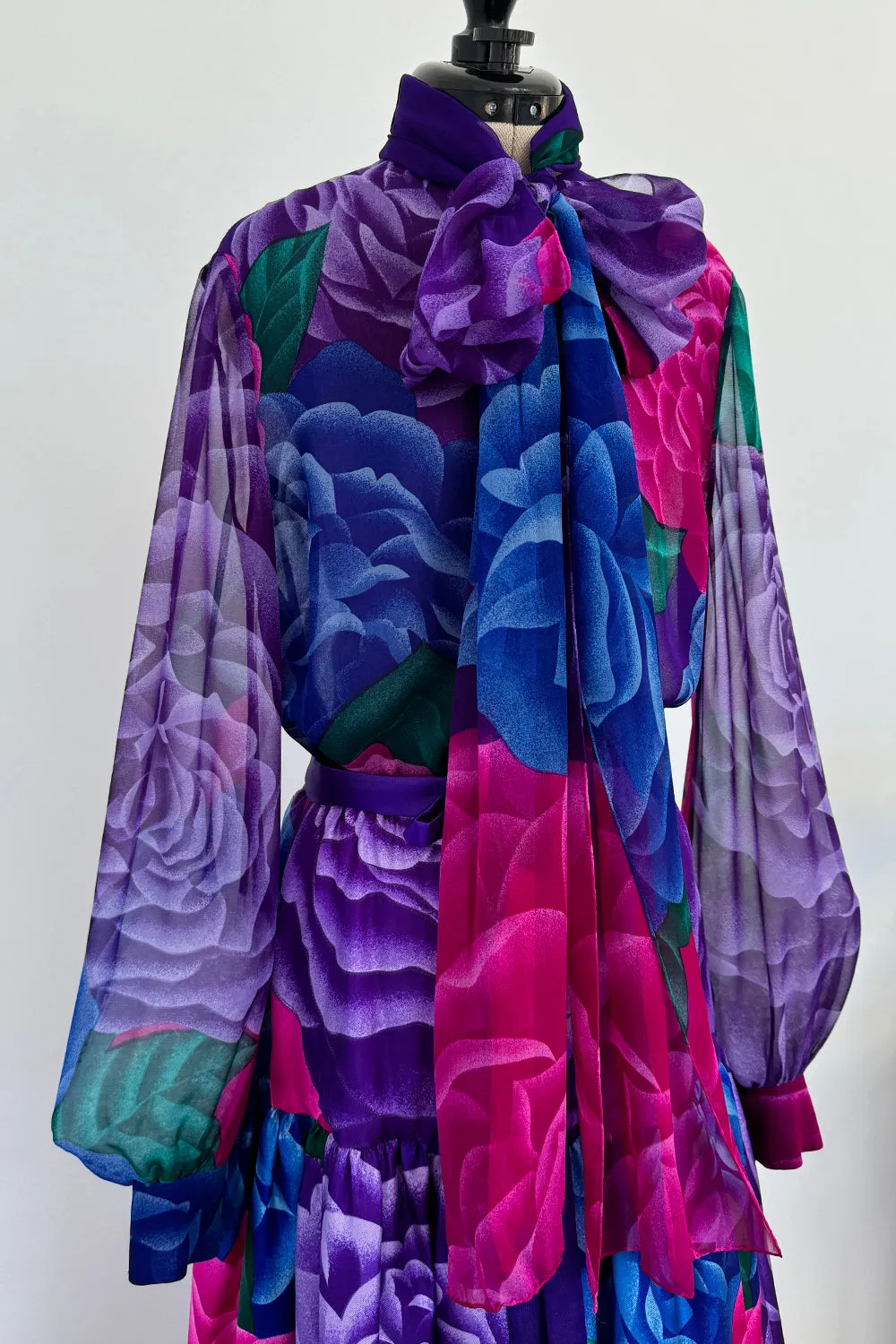 Hanae Mori Fall 1977 Purple Floral Three Piece Skirt, Top & Jacket Set
