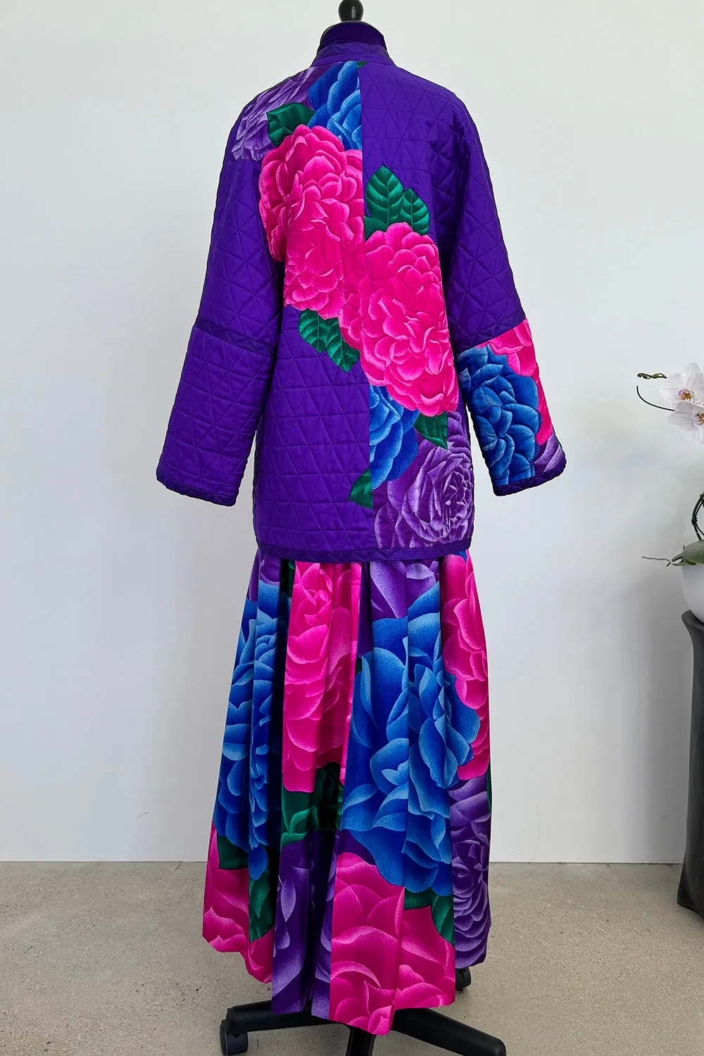 Hanae Mori Fall 1977 Purple Floral Three Piece Skirt, Top & Jacket Set