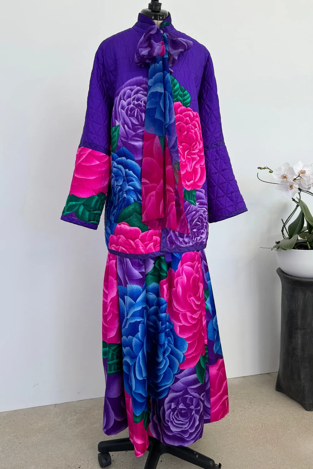 Hanae Mori Fall 1977 Purple Floral Three Piece Skirt, Top & Jacket Set