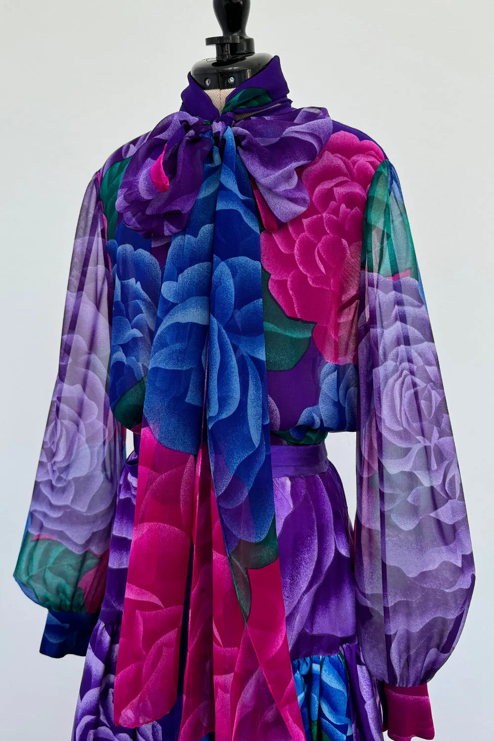 Hanae Mori Fall 1977 Purple Floral Three Piece Skirt, Top & Jacket Set