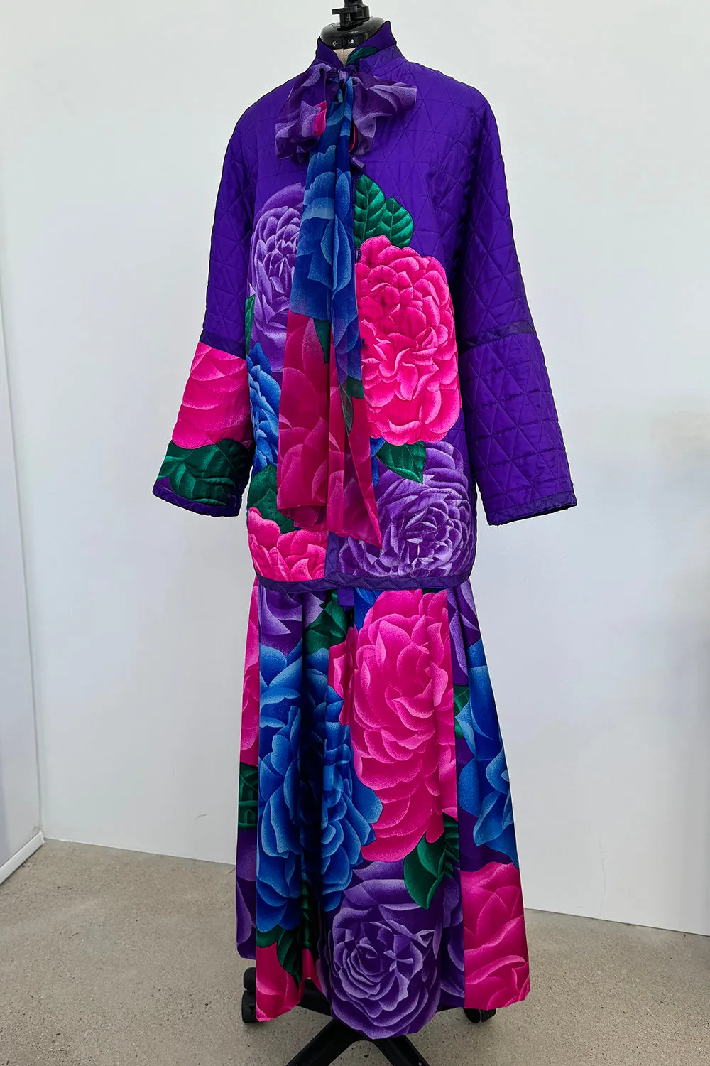 Hanae Mori Fall 1977 Purple Floral Three Piece Skirt, Top & Jacket Set