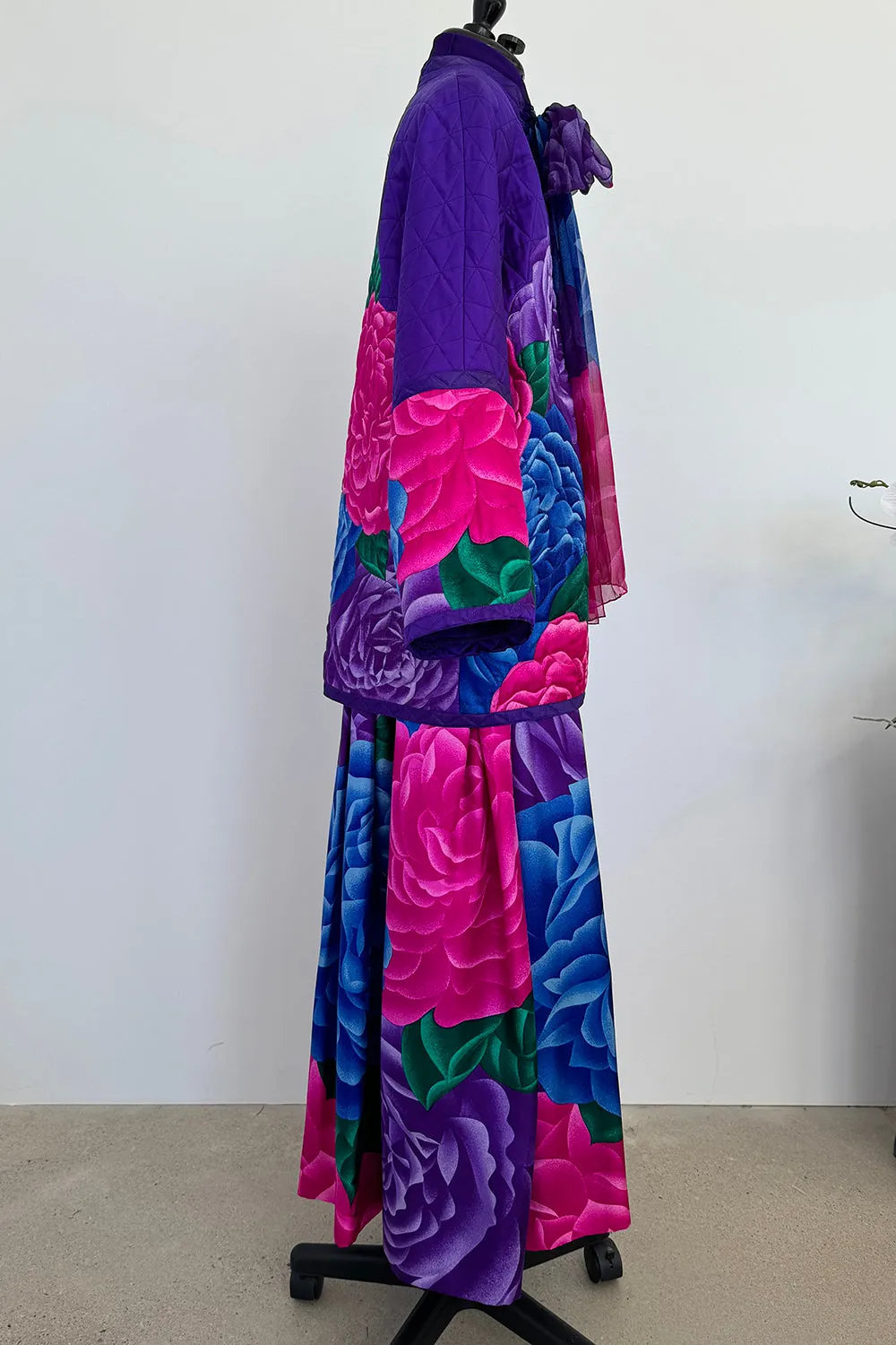 Hanae Mori Fall 1977 Purple Floral Three Piece Skirt, Top & Jacket Set